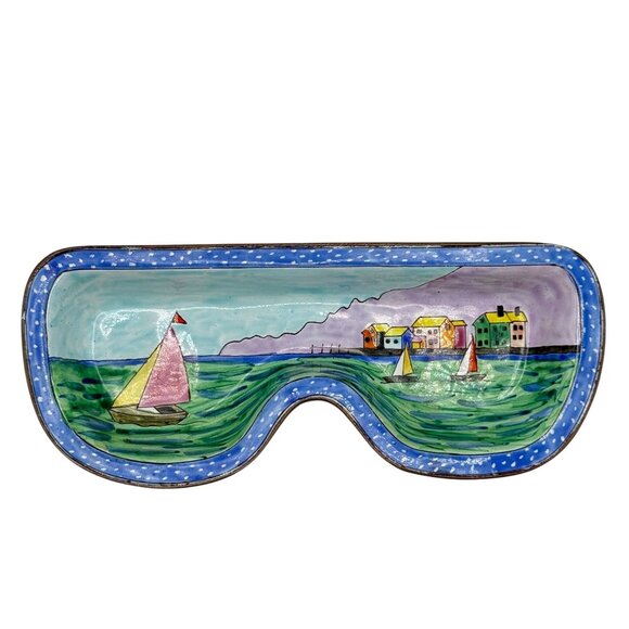 Hand-Painted Kelvin Chen Enamel Copper Eyeglasses Dish Tray Sailboat Scene 2001 - Picture 1 of 8